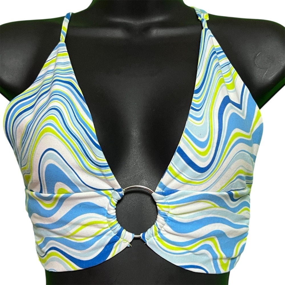 Retro Swirl Print Halter Top | Blue Green White